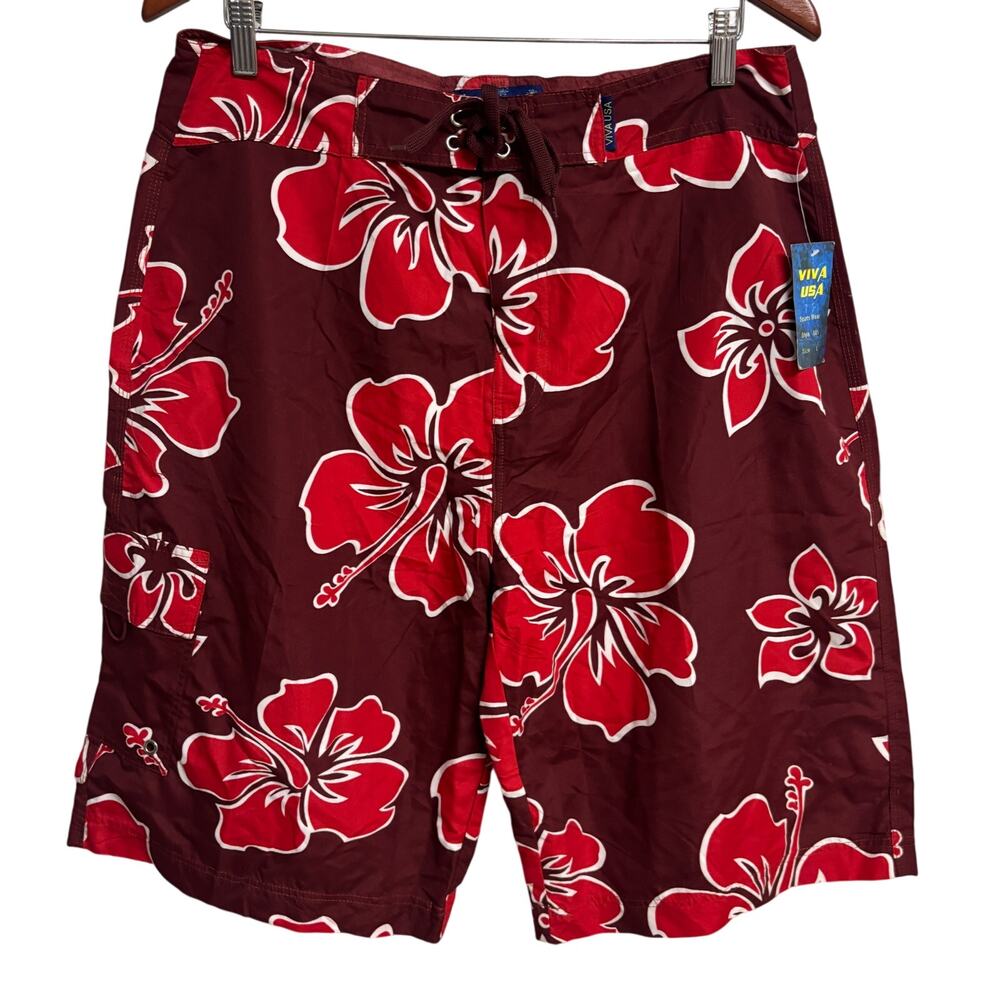 Viva Usa Mens Board Swim Short Size Large L Red Floral Swim Trunks NWT New